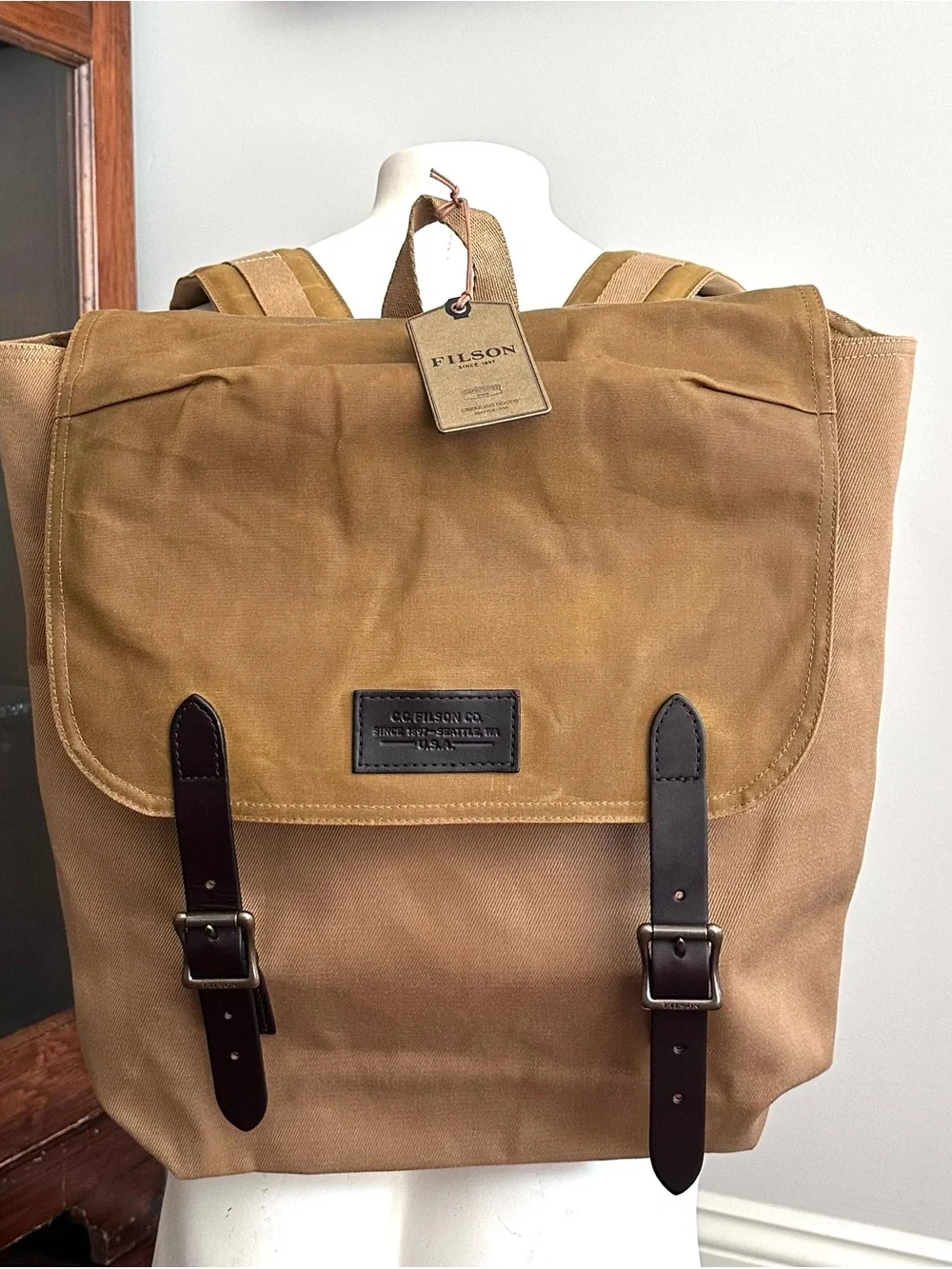 Filson Tan Canvas Backpack with Dark Brown Leather Straps